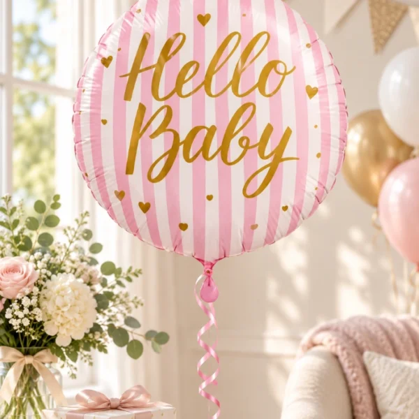 Balionas hello baby rožinėmis juostelėmis
