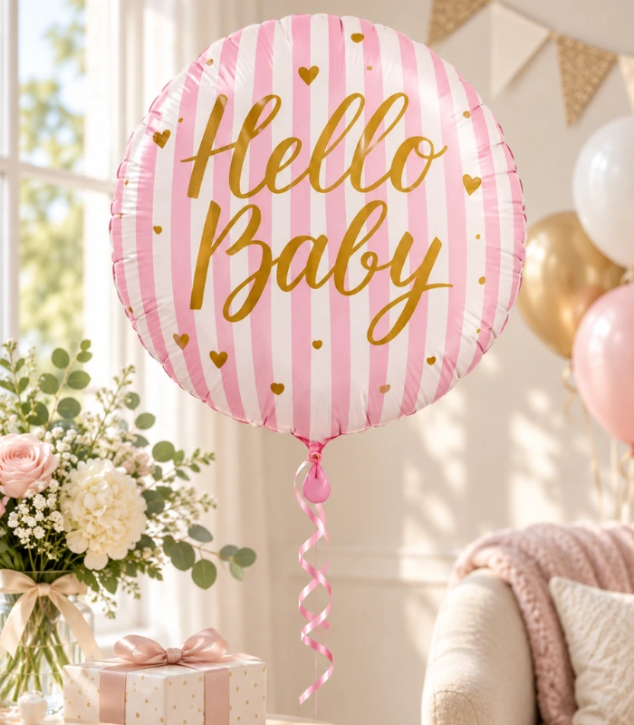 Balionas hello baby rožinėmis juostelėmis
