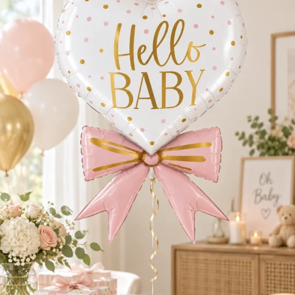 Balionas hello baby su rožiniu kaspinu