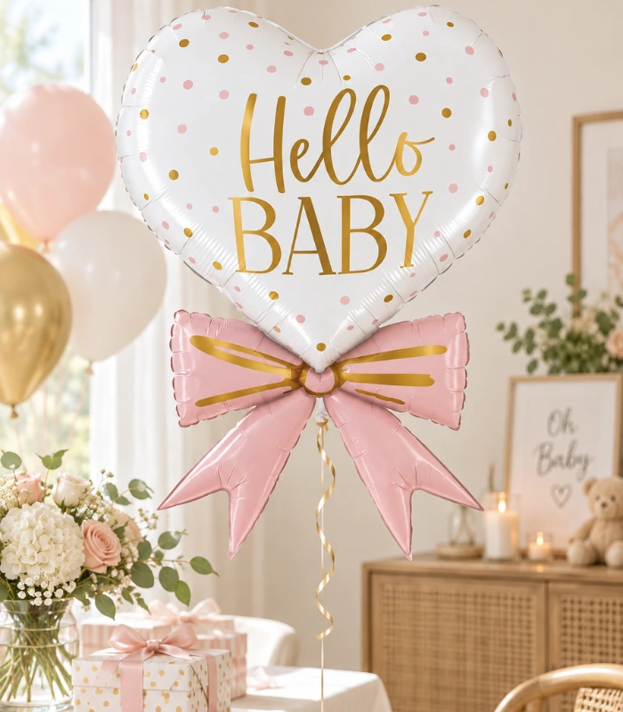 Balionas hello baby su rožiniu kaspinu