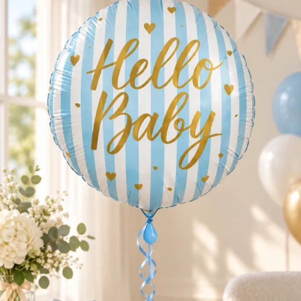 Balionas hello baby su žydromis juostelėmis