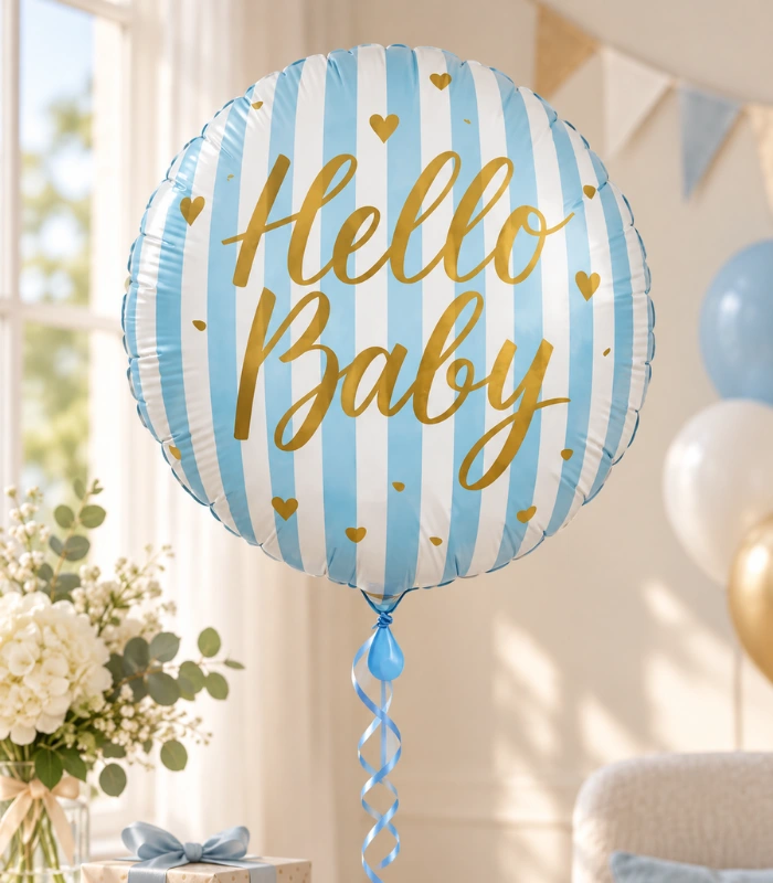 Balionas hello baby su žydromis juostelėmis