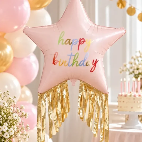 Rožinės žvaigždės "Happy Birthday" balionas